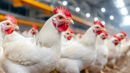 Poster - White chickens clustered tightly in spacious breeding farm environment, pecking and standing near each other while several birds gaze directly toward camera lens