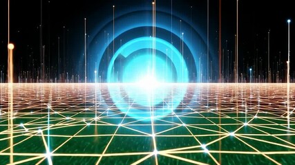 Aufkleber - Abstract Digital Landscape: An immersive visualization of a data-driven world, featuring glowing blue concentric circles emanating from a bright central point.