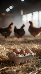 Poster - Free range chickens walking near wooden nesting boxes, brown eggs resting on soft straw filled container, representing traditional small farm poultry production