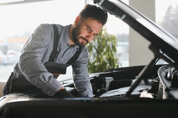 Fototapete - Troubleshooting process. Auto mechanic working in garage. Repair service