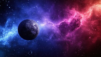 Planet orbiting nebula, cosmic dust, red blue galaxy, space background, science fiction