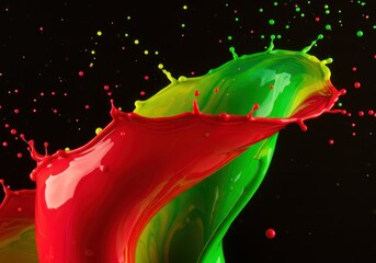 Poster - Colorful paint splash with red and green on black background creates dynamic effect