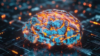 Poster - Digital Brain: The intricate representation of a brain is illuminated with vibrant hues of electric blue and fiery orange, signifying the power of artificial intelligence and technology