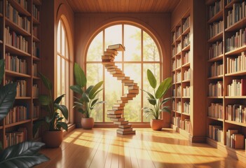 Poster - Minimalist library hall with floating books and soft sunlight illuminating the space