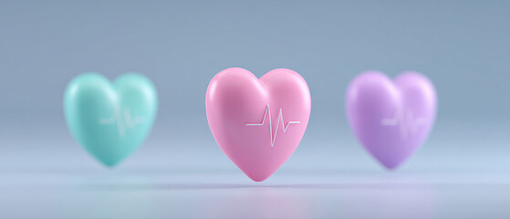 Poster - Three colorful heart shaped objects with heartbeat lines float against soft background