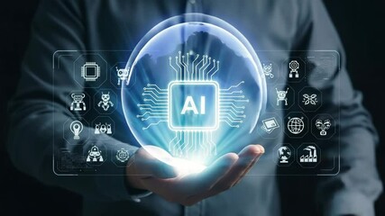 Aufkleber - Person holding glowing ai chip with circuit board and various technology related icons around it
