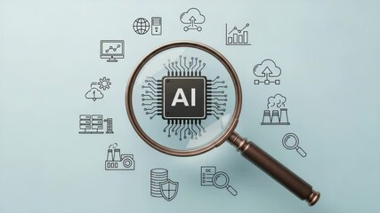 Aufkleber - Ai chip under magnifying glass surrounded by technology icons on a light blue background image