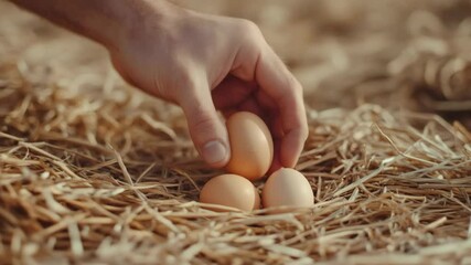 Poster - Farmer carefully collects fresh, organic eggs from a nest of straw in a chicken coop, showcasing the daily harvest of a small scale poultry farm