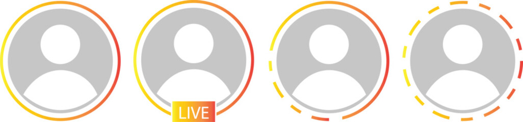 Poster - Set of story with user profile avatar icons buttons flat styles. Live video streaming frame, social media interface app vectors. Live broadcast gradient circle illustration on transparent background.