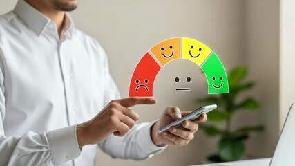 Poster - A man in a white shirt is using a phone with a satisfaction meter overlayed on the image in front
