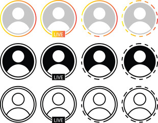 Poster - Set of story with user profile avatar icons buttons flat and line styles. Live video streaming frames, social media interface app vectors. Live broadcast gradient circles illustration collection.