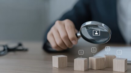 Leinwandbilder - Business professional examining digital profiles with magnifying glass on wooden blocks in a modern office setting