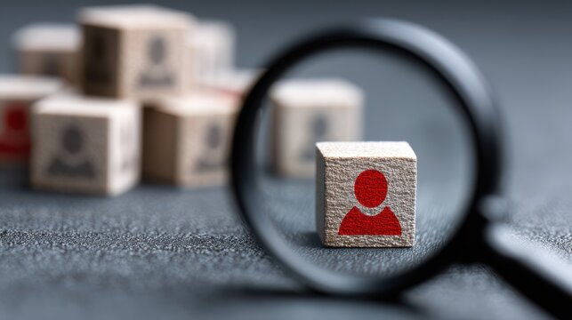 Focus on wooden block with red person icon, surrounded by many blurred blocks in a magnifying glass concept for individuality and selection