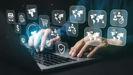 Poster - Man using laptop with floating e commerce icons and glowing interface elements on a dark background
