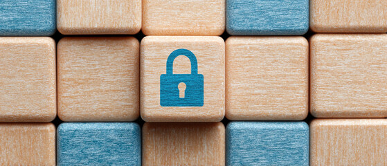Poster - Lock icon on wooden blocks symbolizes security and protection. blue and beige colors create calm, secure feeling
