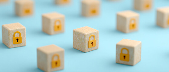 Poster - Wooden blocks with padlock symbols on blue background represent security and protection