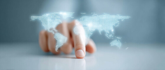 Poster - Finger touching digital world map, symbolizing global connectivity and technology