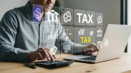 Poster - Man calculates taxes using laptop and calculator with financial icons overlaying the screen