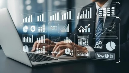 Poster - Businessman typing on laptop with financial data and roi graphics overlaying the screen display