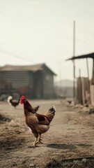 Poster - Brown hen walking freely across rustic farmyard, wooden structures and other poultry visible in sunlit background, showcasing traditional rural agricultural setting