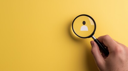 Leinwandbilder - Hand Holding Magnifying Glass Focused on Figure Icon Against Bright Yellow Background for Conceptual Search Theme