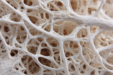 close up view of porous bone structure showing intricate network of white, fragile, and delicate tra