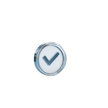A 3D rendering of a blue check mark within a circular button, symbolizing approval and confirmation. Designed for digital applications and graphic design.