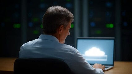 Poster - Professional Focused on Cloud Computing in Modern Data Center Workspace with Technology and Servers Surrounding Laptop