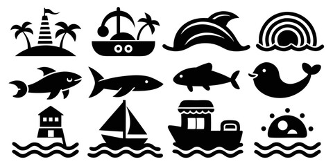 Poster - High quality icon set featuring marine life sea and beach animals