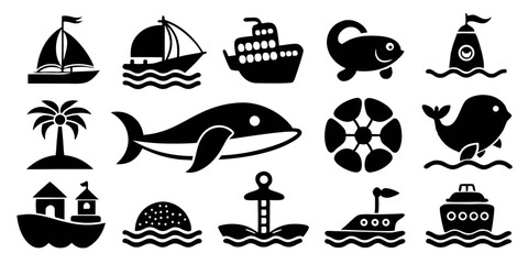 Poster - High quality icon set featuring marine life of the sea and beach