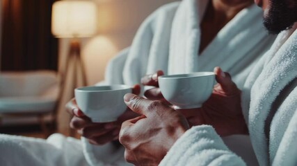 Poster - Multiracial couple wearing white bathrobes, drinking herbal tea while relaxing together in luxurious spa setting, sharing intimate moment of peace after rejuvenating massage treatment