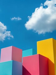Aufkleber - pixel perfect picture of Four colorful product podiums against a blue sky background, following rule of thirds, minimalistic design for promotional photography., high detail, 8k
