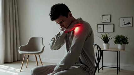 Poster - Male homeowner sitting on chair, suffering sharp shoulder ache, red visual indicator marking painful muscle strain or potential joint inflammation