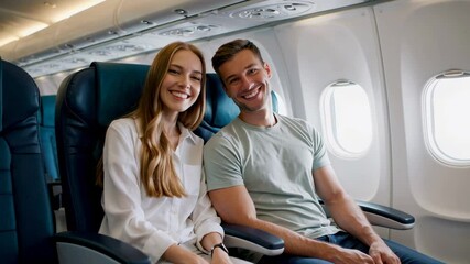 Aufkleber - Young tourists are traveling by plane, sitting in comfortable seats near window, smiling and looking at camera, enjoying their flight and journey