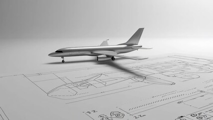 Poster - Silver airplane model rotating slowly on engineering blueprints against white background, revealing multiple perspectives of aircraft structural design