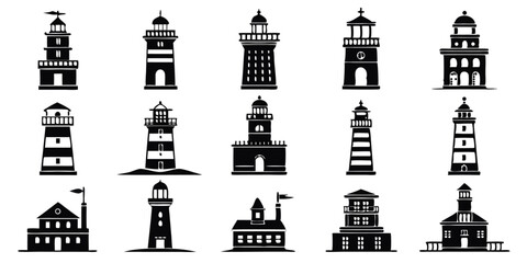 Poster - Lighthouse icon design set featuring a tower and beacon in black yellow cyan and magenta