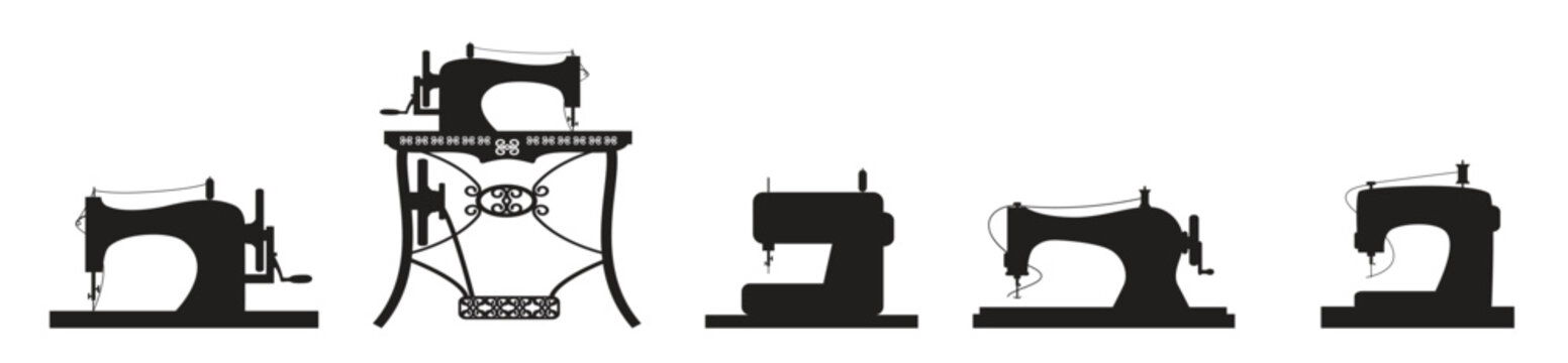 old sewing machine vector collection set includes 6 black isolated contour silhouettes of sewing machineso