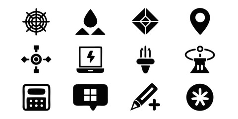 Poster - A collection of twelve minimalist graphic design icons featuring black yellow cyan and magenta