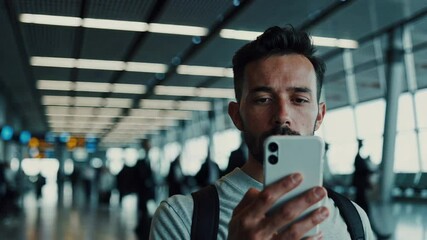 Poster - Young male traveler checking smartphone while waiting at airport terminal, scrolling through flight details against bustling, blurred background of contemporary travel environment
