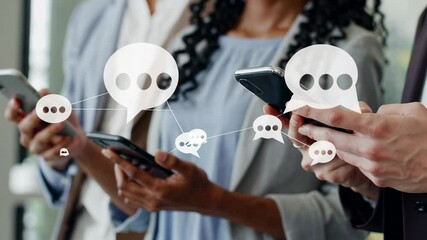 Poster - Professional colleagues networking, sharing messages on smartphones, emphasizing digital communication and connectivity in contemporary business environment