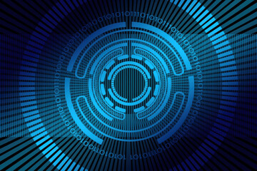abstract blue digital circuit design with binary code elements and concentric patterns