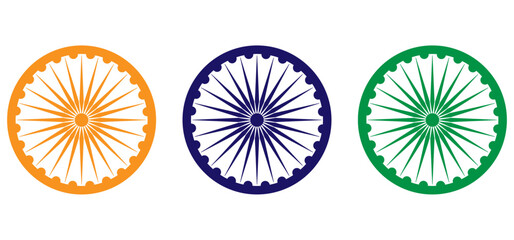 Wheel with spokes vector icon. Ashoka chakra in  navy blue, orange and green colour with shadows and accurate lines. Indian flag Ashoka chakra wheel in flat style. Vector illustration