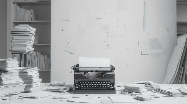 Monochromatic typewriter and stacks of paper in messy office