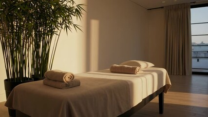 Aufkleber - Soft sunlight bathing modern spa interior, highlighting empty massage table with beige linens, bamboo plant, and expansive window revealing urban cityscape