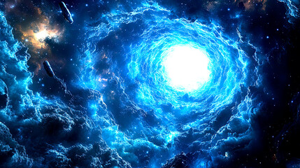 artwork shows a bright cosmic nebula, predominantly in shades of blue. two spaceships fly towards th