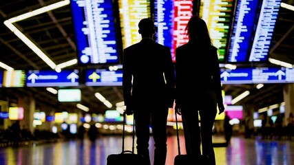 Poster - Business professionals striding confidently through bustling airport terminal, silhouetted against vibrant flight information board, conveying corporate teamwork and travel momentum
