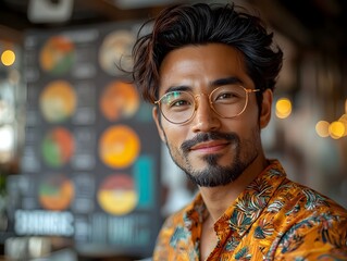 Poster - Focused Asian businessman in a minimalist office writing investment strategies in a notebook