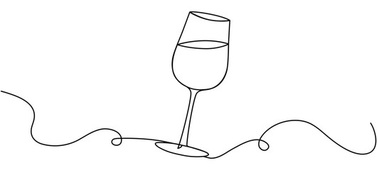 Poster - Glass with wine continuous line drawing. Cheers toast symbol. Celebration concept. Champagne drink. Vector illustration isolated on white.