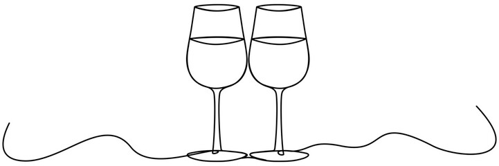 Poster - Two glasses with wine continuous line drawing. Cheers toast symbol. Celebration concept. Champagne drink. Vector illustration isolated on white.