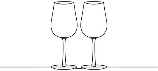 Poster - Two glasses with wine continuous line drawing. Cheers toast symbol. Celebration concept. Champagne drink. Vector illustration isolated on white.